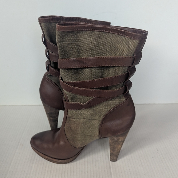 Frye Harlow Multi Strappy Harness BrownbTan Heeled Leather Canvas Boots 10 M - Picture 6 of 12